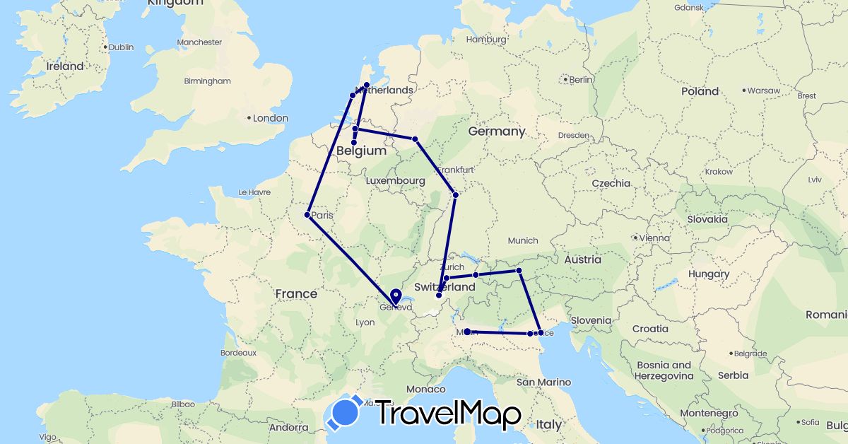 TravelMap itinerary: driving in Austria, Belgium, Switzerland, Germany, France, Italy, Liechtenstein, Netherlands (Europe)